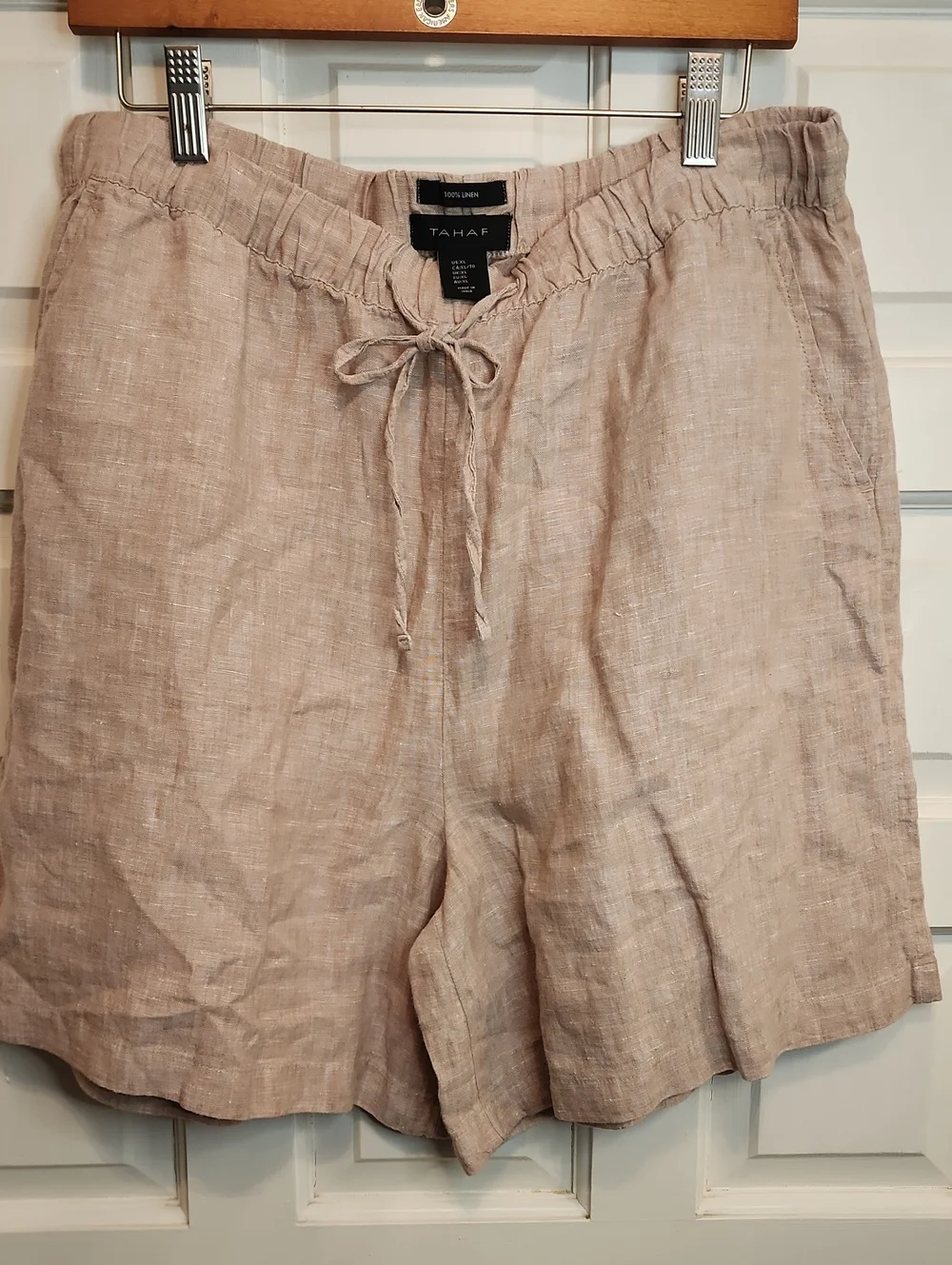 Tahari 100% Linen Drawstring 4 Pockets Shorts - Elastic Waist Light Beige - Picture 1 of 9